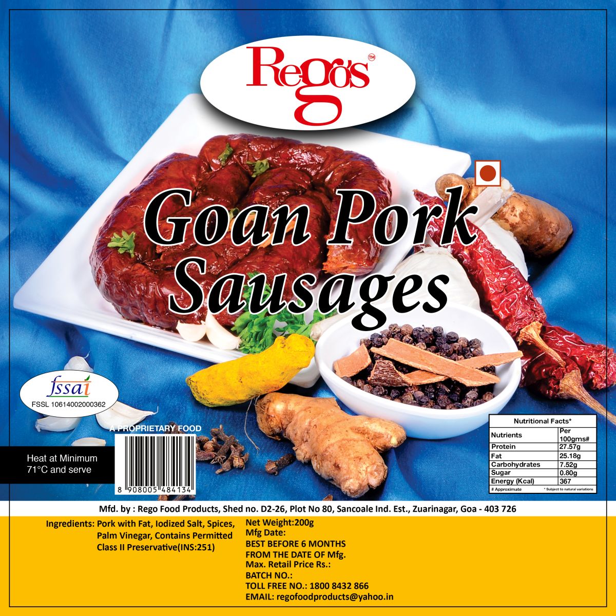 Rego’s Goan Pork Sausages 200g Nathan Traders